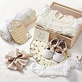 Golray Wooden Baby Gift Basket Newborn Girls Baby Shower Gifts Cloth Set with Bodysuit/Soft Shoes/Socks/Blanket/Bib/Headband/Wood Milestone, New Born Baby Girl Clothes Gender Reveal Gift Stuff