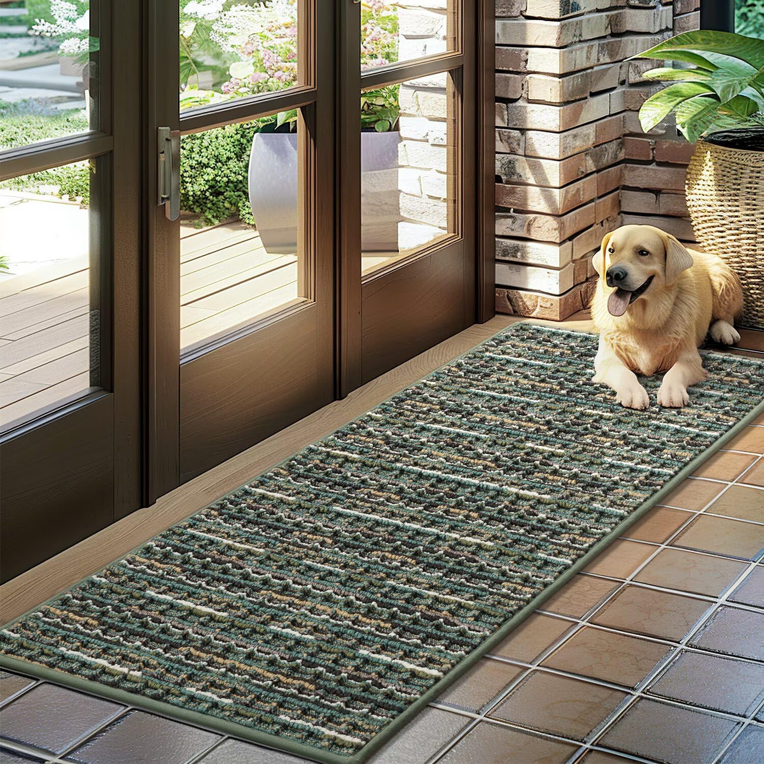 Biscpro Dirt Trapper Door Mats Indoor, Non-slip Barrier Mats for Indoor Outdoor, Super Absorbent Entrance Large Rug Machine Washable Soft Floor Carpet for Front Back door, Green, 50 x 120 cm