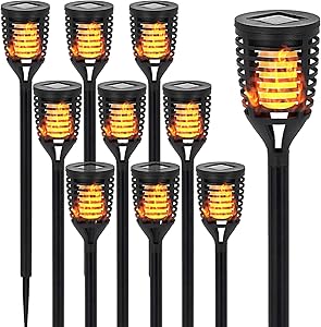10PK Mini Solar Torch Light with Dancing Flickering Flame Lights Outdoor - Solar Tiki Torches Pathway Decorative Lights Waterproof Auto On/Off Dusk to Dawn for Garden, Yard, Backyard, Patio, Driveway