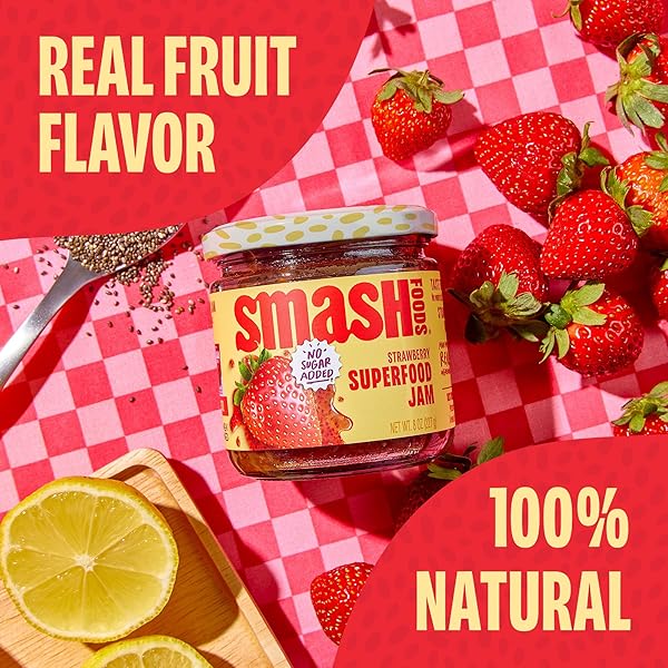 SMASH FOODS STRAWBERRY JAM | LOW-CALORIE, NO SUGAR ADDED KETO JAM WITH UPCYCLED FRUIT & CHIA SEEDS | VEGAN, PALEO SUPERFOOD FRUIT SPREAD (1 JAR)