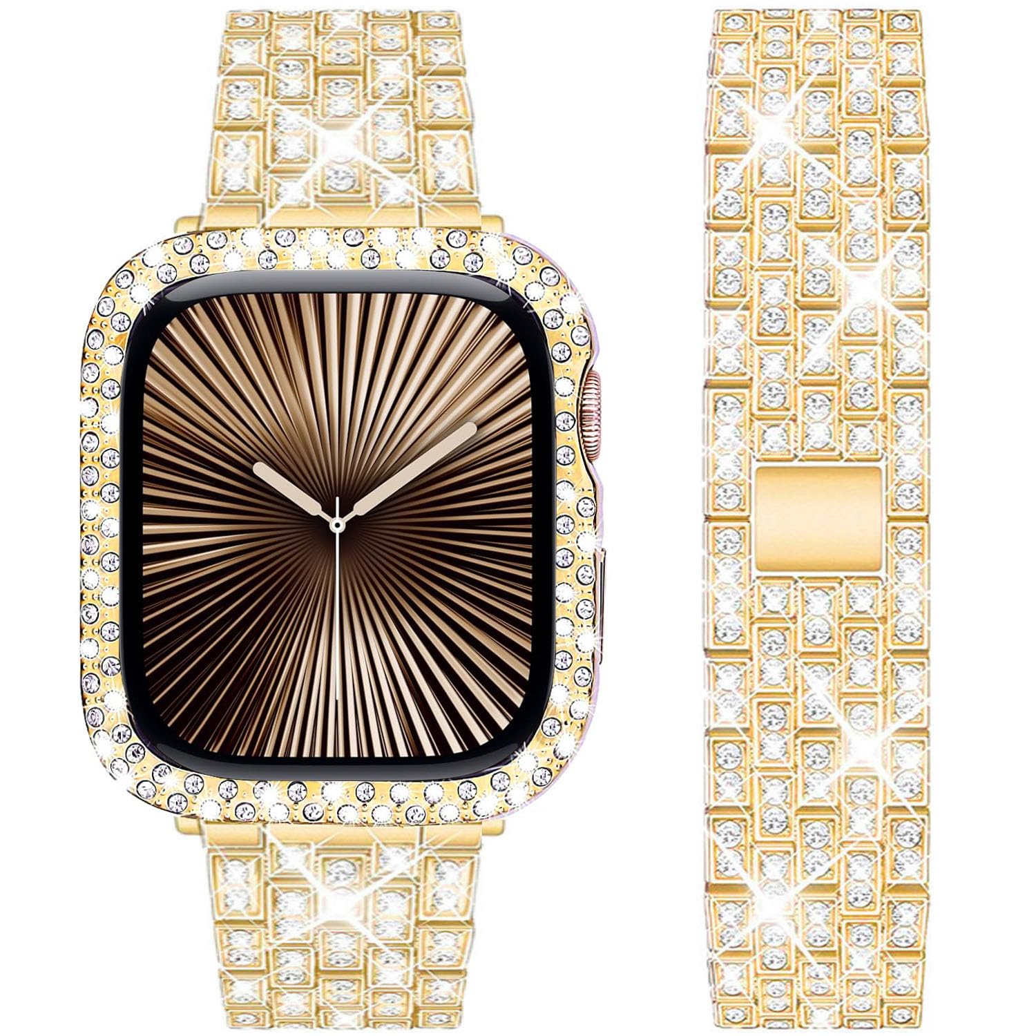 DEALELE Starp and Case Compatible with Apple Watch Series 10 46mm, Bling Rhinestone Diamond Metal Bracelet with Protective Case Cover Replacement for iWatch 10 46mm Women Men (46mm, Gold)
