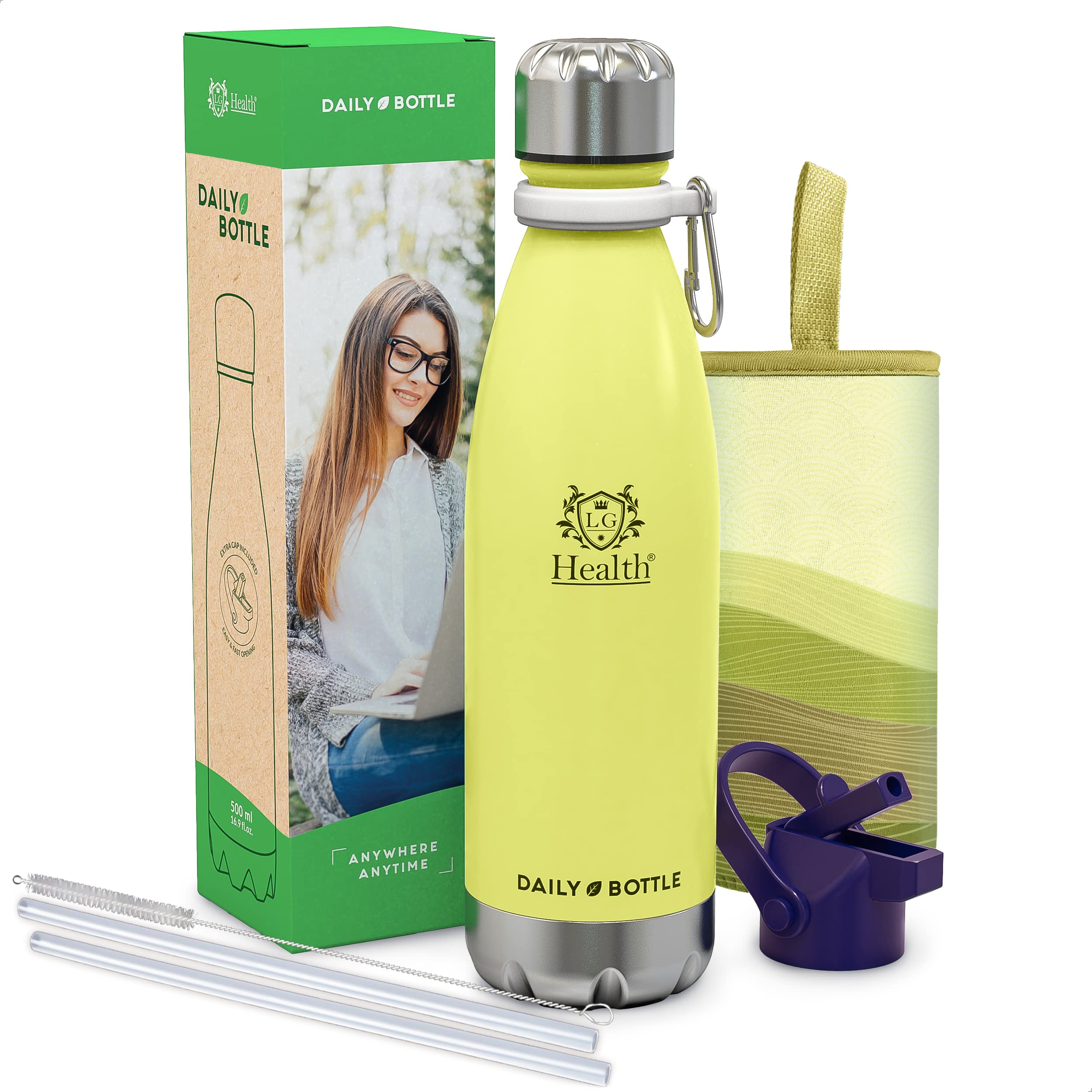 LG Luxury & Grace 500ml Stainless Steel Insulated Water Bottle, Double Wall, Keeps Cold for 24 Hours, 2.827cm³, BPA Free, Neoprene Case + Carabiner
