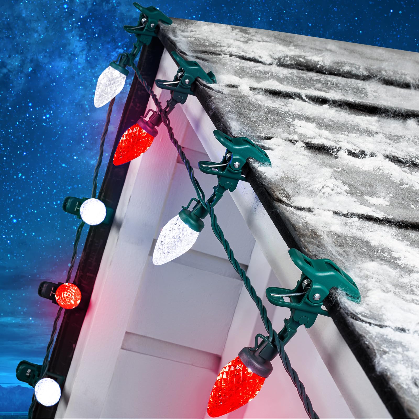 Photo 1 of C9 LED Christmas Lights Outdoor with 50 Spring Clips, 50ft 50 LED Waterproof Strawberry String Lights, Commercial Grade Extendable Perfect for Roofline Patio House Xmas Decor, Red & Pure White