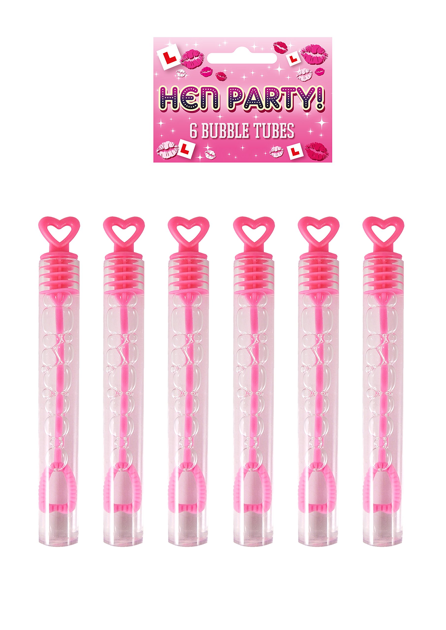 Henbrandt Pack of 6 Hen Night Bubble Wands with Pink Heart Toppers 4ml Bubble Tubes Hen Party Accessories Pink Party Bag Fillers Wedding Favours Team Bride Bubbles for Bridal Shower and Hen Do Favours