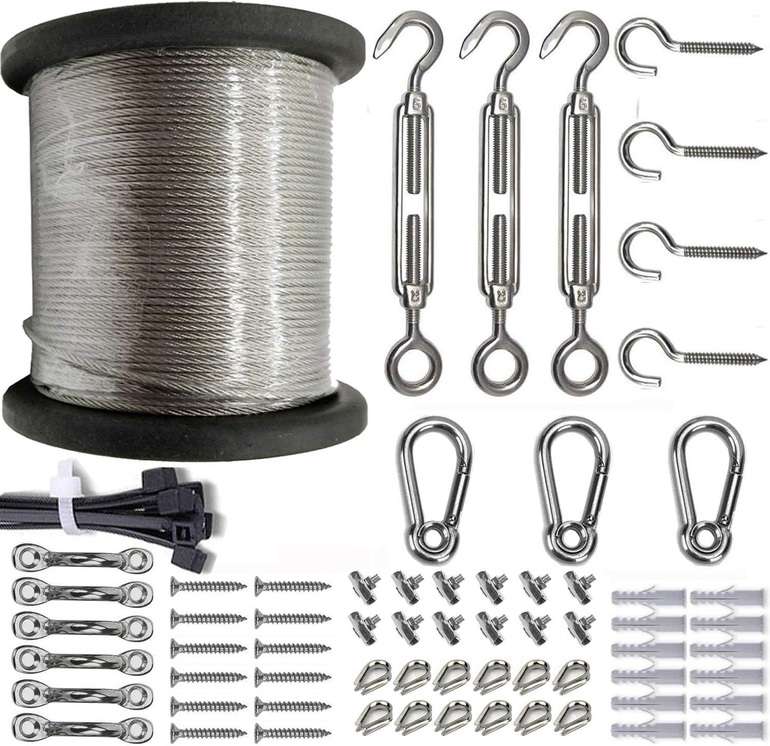 NITOO Outdoor Light Guide Wire, Stainless Steel Globe lights Kit,String Light Suspension Kit,Include 164 FT Wire Rope Cable,Turnbuckle and hooks๏ผ1/16 Wire Rope ๏ผCoated Outer diameter is 3/32
