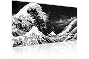 WECOOL Japanese Sea Wave Gaming Mouse Pad, 31.5×11.8in Japanese Kanagawa Black Mousepad Desk Mat, High-Performance Smooth Precision Fabric Mousepad for Fluid Control, Stable Non-Slip Rubber Base Mouse Pad