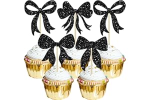 Gyufise 36Pcs Bow Cupcake Toppers Glitter Girls Birthday Decorations Bowknot Cupcake Picks Bow Tie Birthday Decorations Bow Cake Toppers for Bridal Baby Shower Bachelorette Party Supplies Black