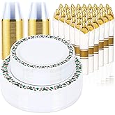 350pcs Christmas Disposable Plates & Cutlery Set - Plastic Plates, Tree Design, Gold Disposable Silverware, Clear Gold Cups for Holiday Celebrations
