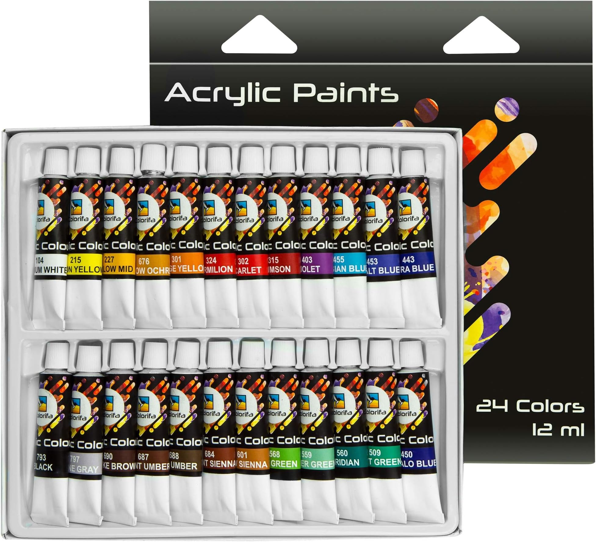 Acrylic Paint Set/Craft Paint - Acrylic Paint Kit - No Drying Out, Non Toxic Wood Paint - 24 Vivid Colors Canvas Set - Acrylic Paint Palette for Beginners, Kids and Adults (12ML Easy Squeeze Tubes)