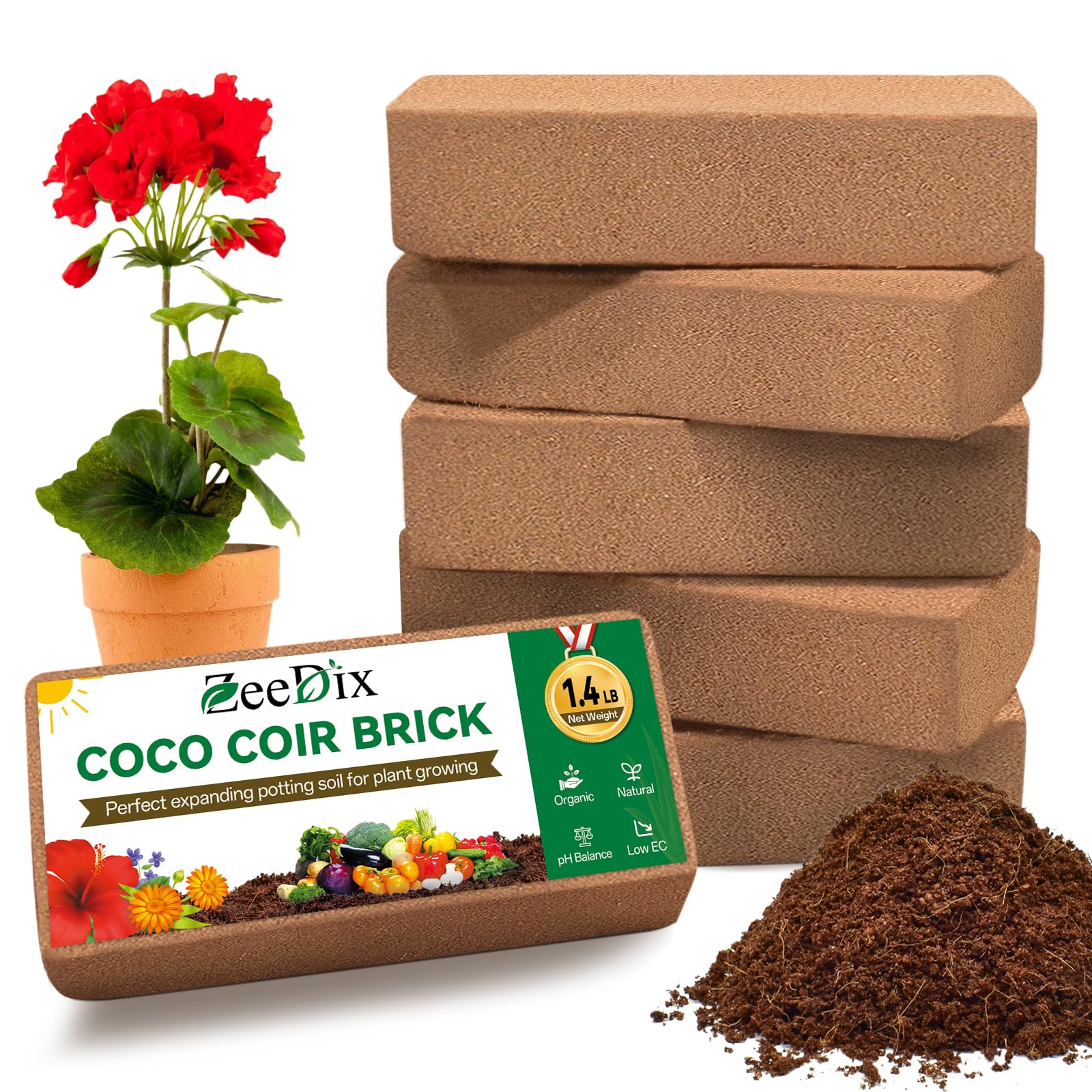 Photo 1 of ZeeDix 6 Pcs Coco Coir Brick for Plants, 100% Organic Coconut Coir Bricks with Low EC and pH Balance, Compressed Coconut Husk Bricks for Gardening, Planting, Organic Potting Soil, High Water Retention