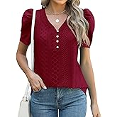 LOMON Womens Puff Short Sleeve Shirt Summer Tops V Neck Casual T Shirts Loose Fit Blouses