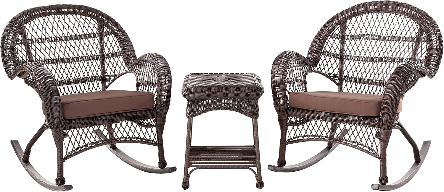 Jeco 3 Piece Santa Maria Rocker Wicker Chair Set with Brown Cushions, White: Furniture & Decor