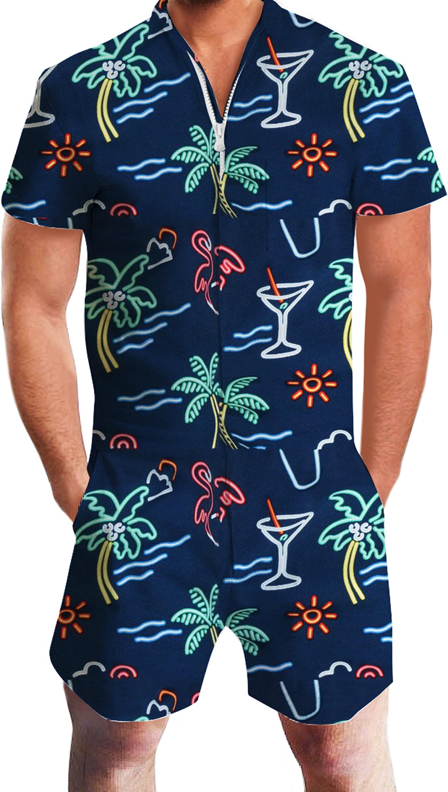 AIDEAONEMens Casual 3D Printed Short Sleeve Rompers Zip Jumpsuit with Pocket S-XXL