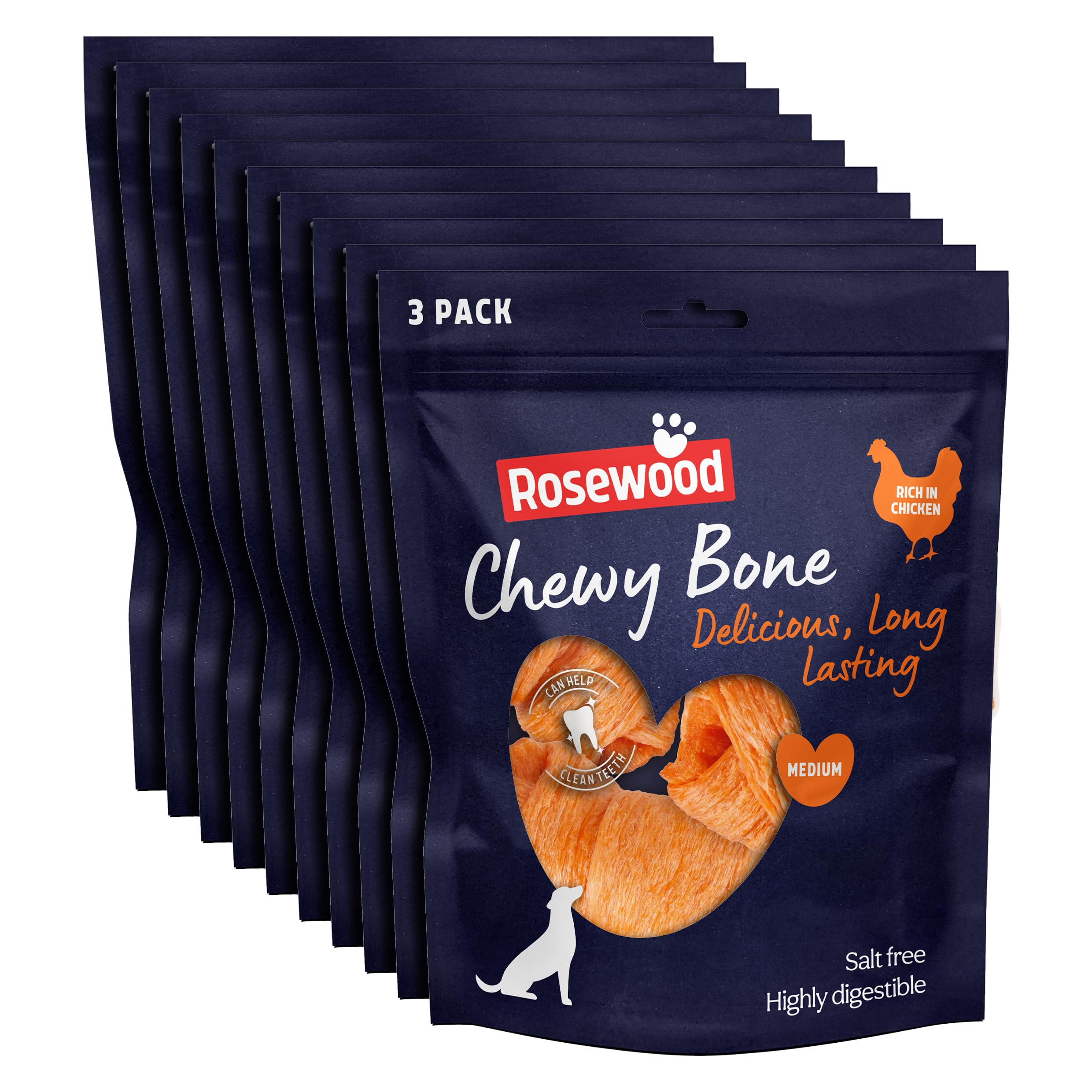 Rosewood Chewy Bone Treats for Dogs - Rich in Chicken, Medium Sized Dog Treats, Delicious, Long-Lasting Chews, Helps Clean Teeth, Salt Free, Highly Digestible, 3pc (Case of 10 x 135g) — image 1