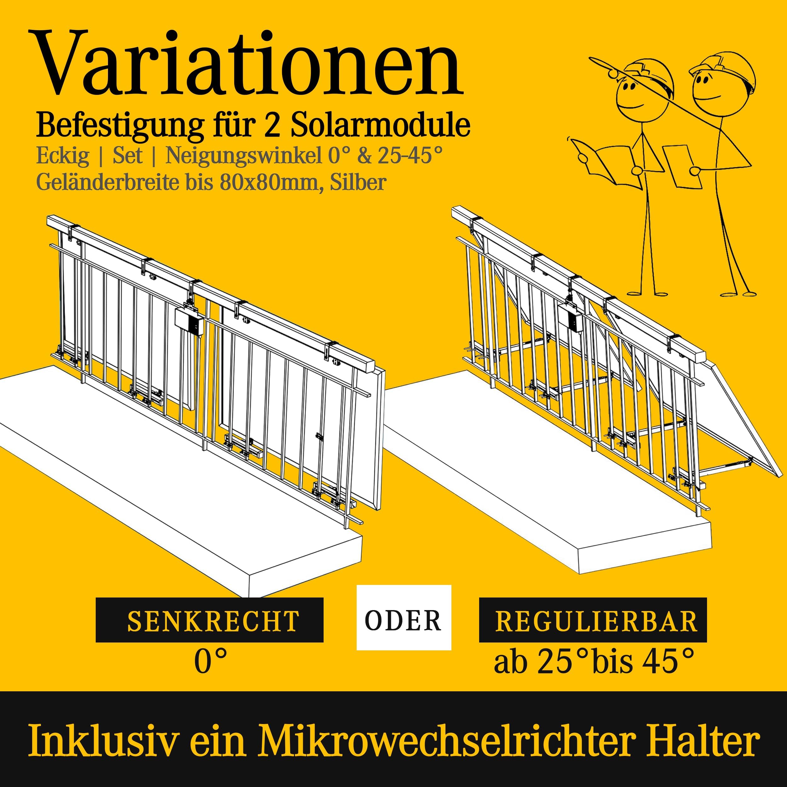 Balkonkraftwerk Halterung Geländer Befestigung für 2 Solarmodule und ein Wechselrichter Photovoltaik | ECKIG | Set | Neigungswinkel 0° & 25-45°| Durchmesser bis 80mm, Silber PV 4