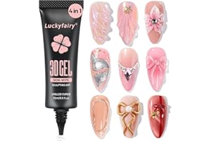 Luckyfairy 3D Gel Nail Art: 3D Nail Sculpting Gel, 15g 4 in 1 Molding, Drawing, Chrome Powder, Rhinestone Charms Glue, No Wipe Clear for DIY Nail Art at Home, Lamp Curing Needed