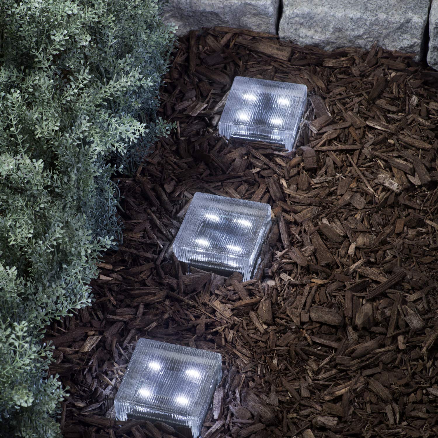 LampLust Glass Solar Brick with LED Lights - Path & Garden Accent Lighting, 4” x 4” Square, Lined Texture, Cool White, Waterproof, Outdoor - Rechargeable Batteries Included