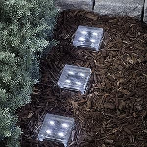 LampLust Glass Solar Brick with LED Lights - Path & Garden Accent Lighting, 4” x 4” Square, Lined Texture, Cool White, Waterproof, Outdoor - Rechargeable Batteries Included