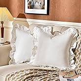 AmHoo Pack of 2 Throw Pillow Covers 100% Cotton Pre Washed Ruffle Decorative Pillowcase Cushion for Couch Sofa Bedroom 18 x 18-Inch Cream White