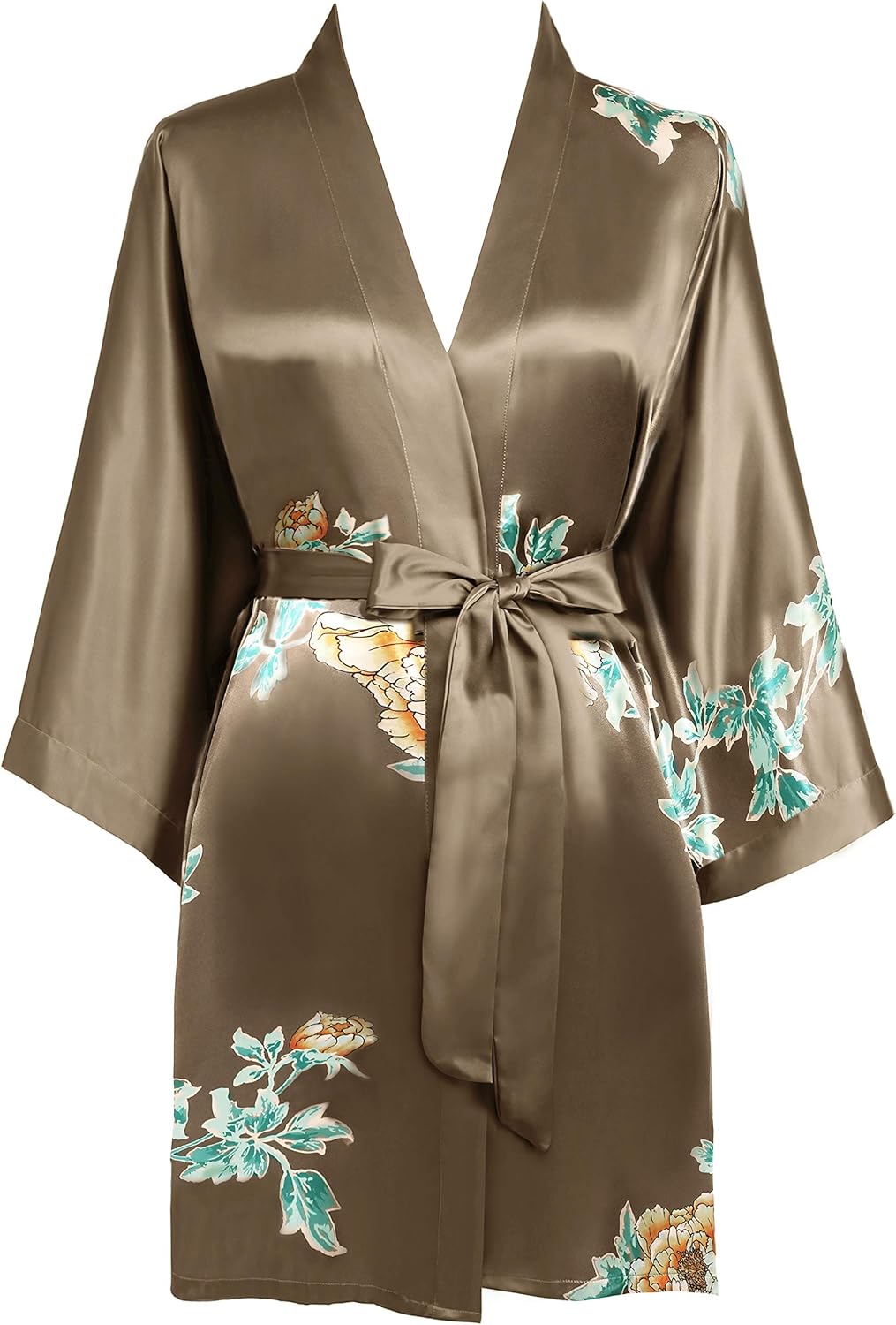BABEYOND Women's Short Kimono Dressing Gown Satin Floral Printed Kimono Cardigan Knee Length
