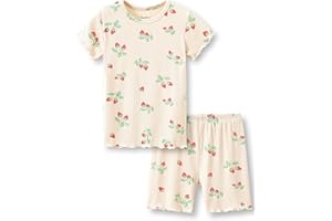 Beezizac Toddler & Little Girls Pajamas Cute Ditsy Floral/Strawberry Fruit Tee & Pants PJ Spring Set Kid Size 2T- 10