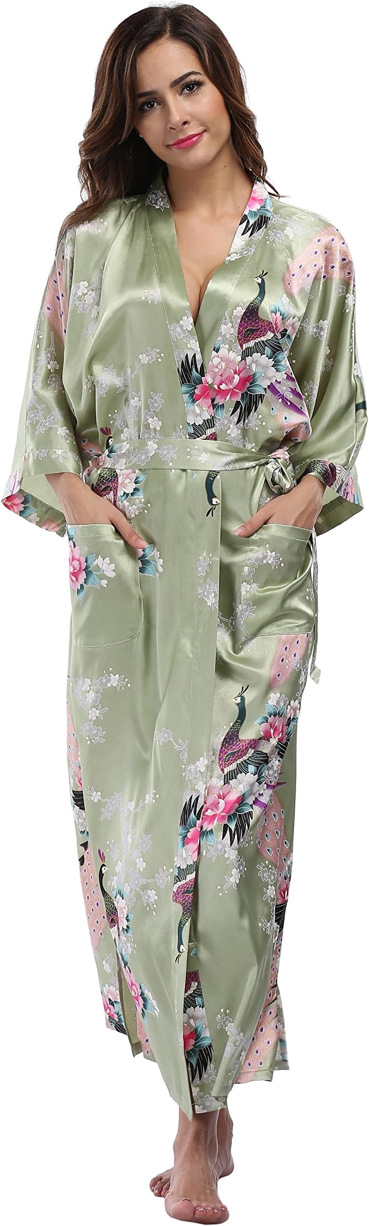 Vogue Bridal Women's Long Satin Kimono Robes Pure Color Silk Kimono Bathrobes with Oblique V-Neck for Wedding