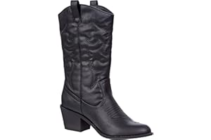 Charles Albert Cowboy Boots for Women Mid-Calf Boot Embroidered Stiching Western Cowgirl Boots Low Stacked Heel