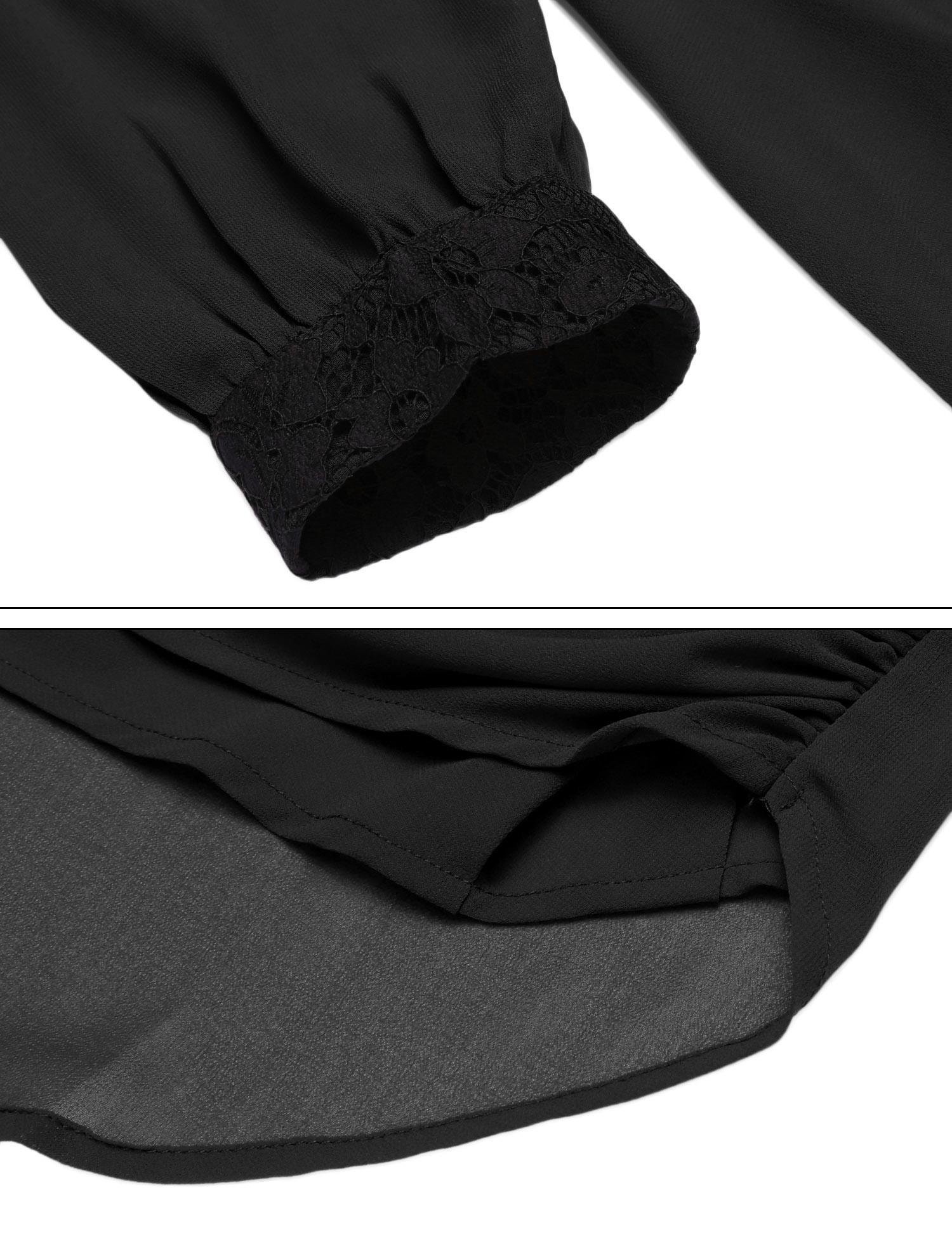 zeagoo Women\'s Long Sleeve Wrap Shirt Sexy Sheer V Neck Lace Chiffon Blouse Top Black Medium