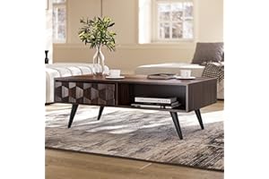 Bme Georgina Solid Wood Coffee Tables for Living Room, Coffee Table Mid Century Modern with 2 Symmetrical Storage Drawers & Geometric Details, Fully Assembled Center Table, Walnut