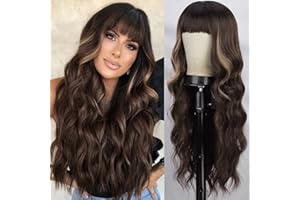 AISI QUEENS Brown Wig with Bangs for Women Long Wavy Hair Wig Brown Highlight Wig Curly Wavy Synthetic Wigs for Girls Daily Party Use