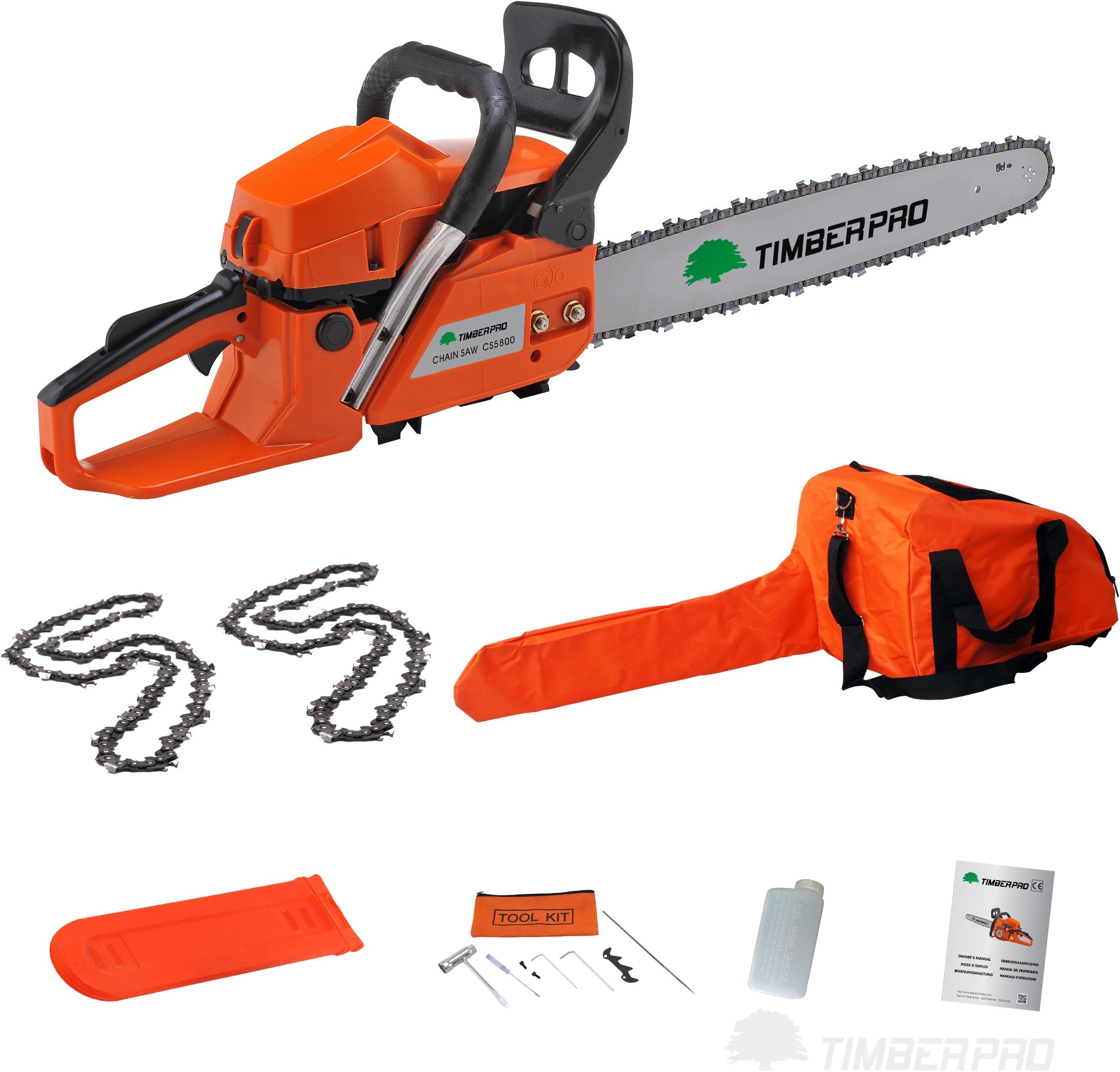 TIMBERPRO® 58cc 3.4HP 20" Petrol Chainsaw with 2 Chains, Carry Bag, Tool Kit. Professional Quality Chainsaw