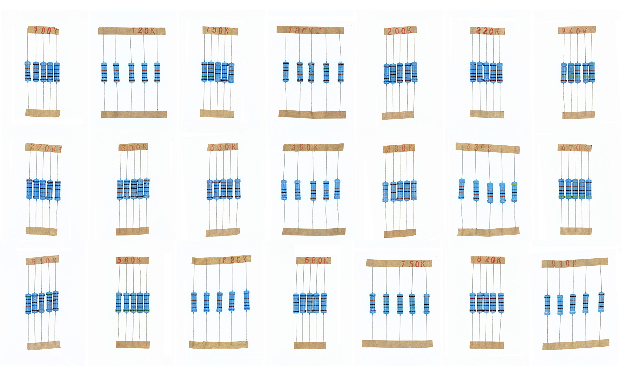 HUABAN 5PCS * 21 Values 2W 2 Watts 100K 120K 150K 180K 200K 220K 240K 270K 300K 330K 360K 390K 430K 470K 510K 560K 620K 680K 750K 820K 910K 1% Metal Film Resistor