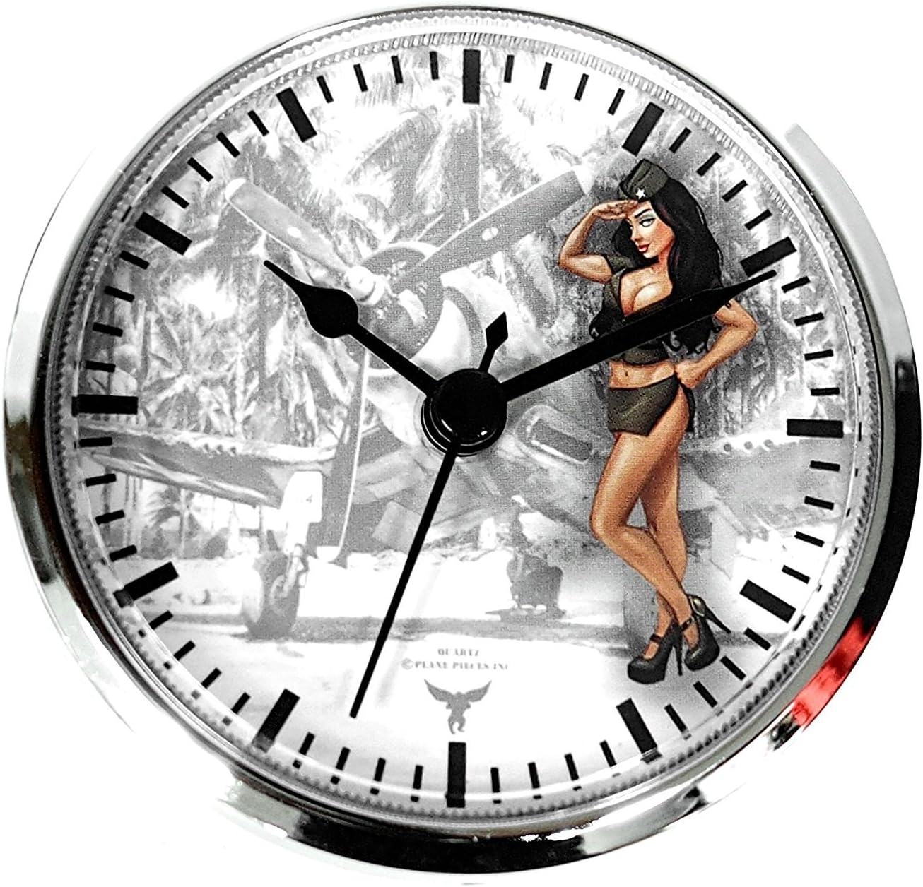 Plane Pieces Inc 3 1/2" (90MM) Pinup Nose Art Army Salute WWII Airplane Brunette FIT-UP Insert Clock