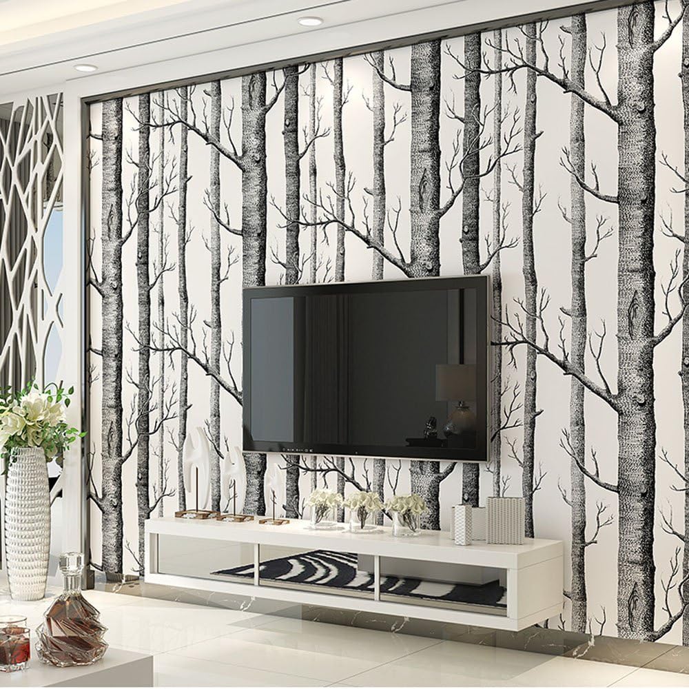 KeTian Modern Minimalist Non-Woven Tree Patterns Style Living Room Home Decoration Wallpaper Roll Black White Color 0.53m (1.73' W) x 10m(32.8'L)=5.3m2 (57 sq.ft)