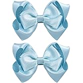 Glitter Light Blue Hair Bows 4in Handmade Sparkly Ribbon Bow Clips with Alligator Clips for Toddler Teens Girls Women, Kids Summer Vacation Hair Accessories Set of 2