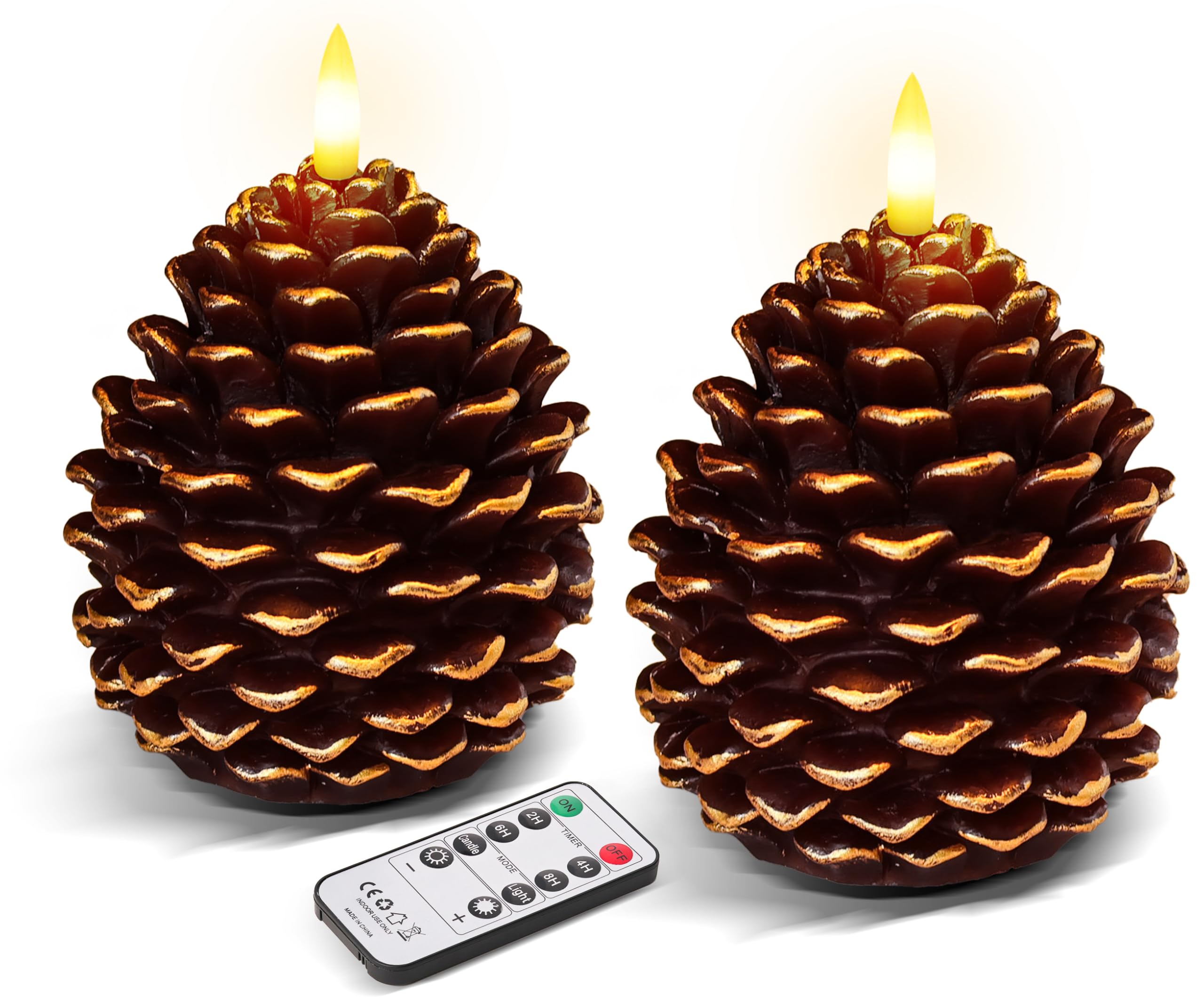 Photo 1 of 2Pcs Pine Cone Flameless Candles with Remote and Timer,LED Candles Battery Operated,Real Wax Window Candlesticks with Flickering 3D Flame for Winter Christmas Thanksgiving Decoration
