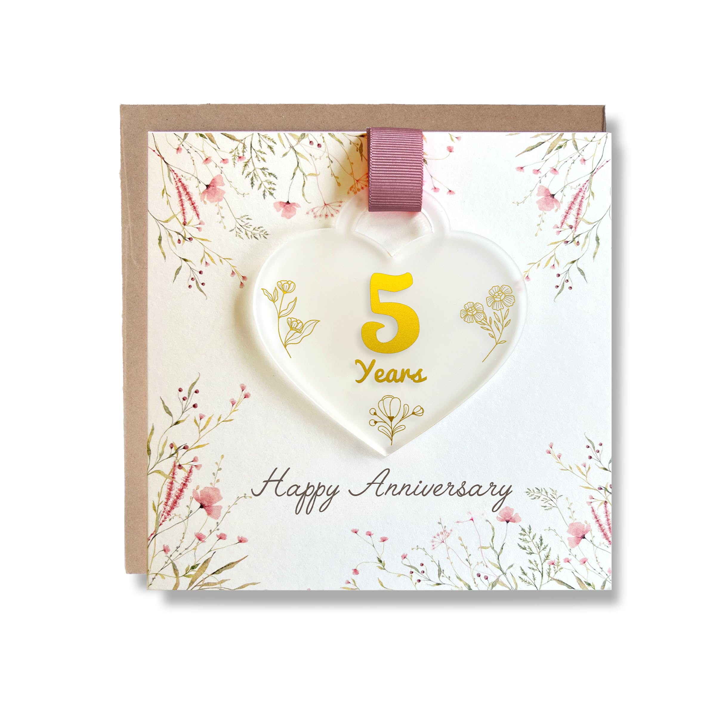 Pink Positive Luxury Anniversary Card with Keepsake for Couple - Gold, Silver, Ruby Wedding Anniversary Card - Foiled Keepsake Gift, Happy Anniversary (5 years)