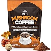 Organic Mushroom Coffee 17 Functional Mushroom Blend (Lion's Mane, Reishi, Chaga, Cordyceps, Turkey Tail & More) Gourmet Arabica Instant Coffee for Immunity, Focus & Energy - USA Made - 30 Servings