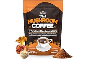SUNLAB ESSENTIALS Organic Mushroom Coffee 17 Functional Mushroom Blend (Lion's Mane, Reishi, Chaga, Cordyceps, Turkey Tail & More) Gourmet Arabica Instant Coffee for Immunity, Focus & Energy - USA Made - 30 Servings