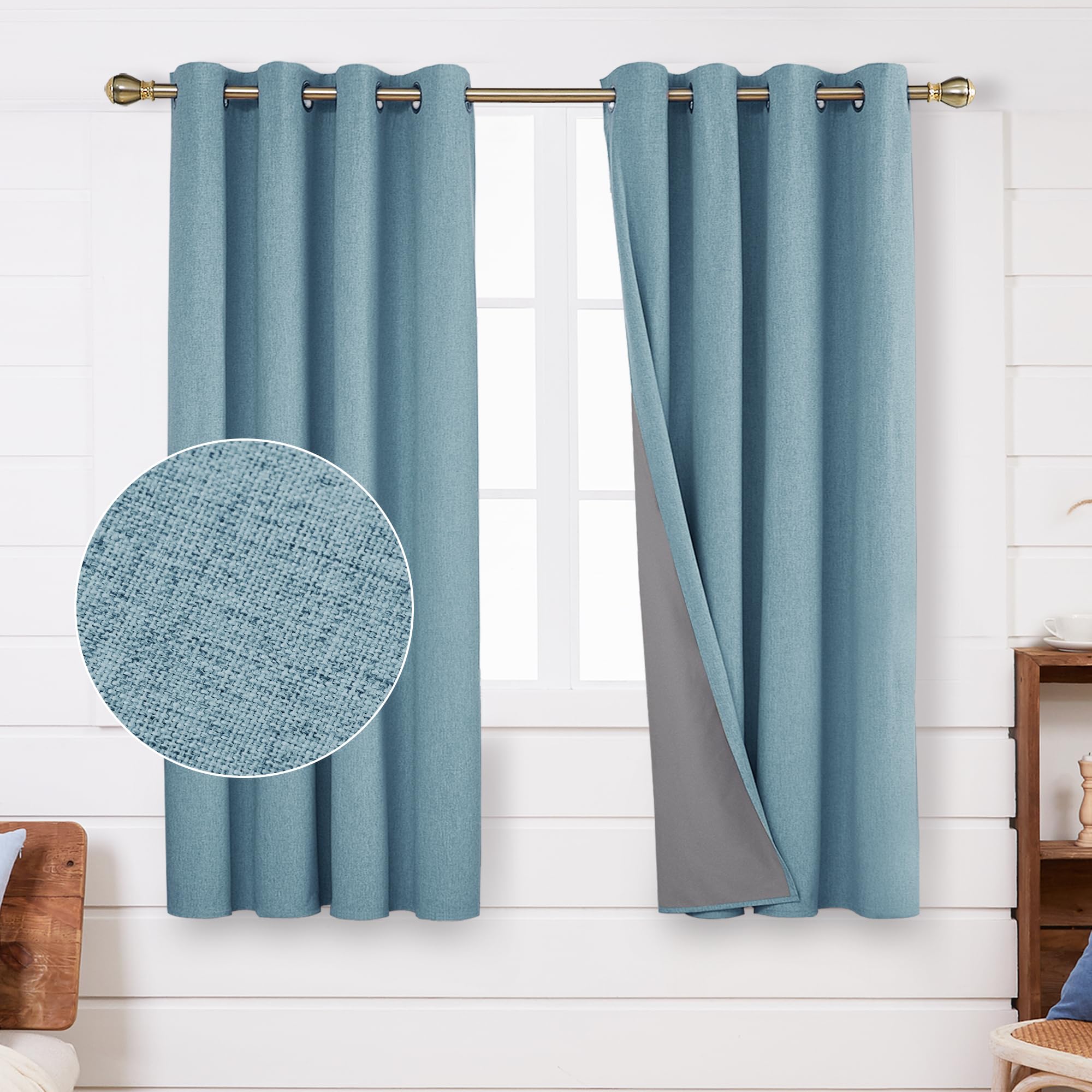 Deconovo Linen Look Window Treatment Thermal Insulated Top Ring Bedroom Blackout Curtains with Coating Back Layer for Girls 46 x 54 Inch Blue Grey Set of 2