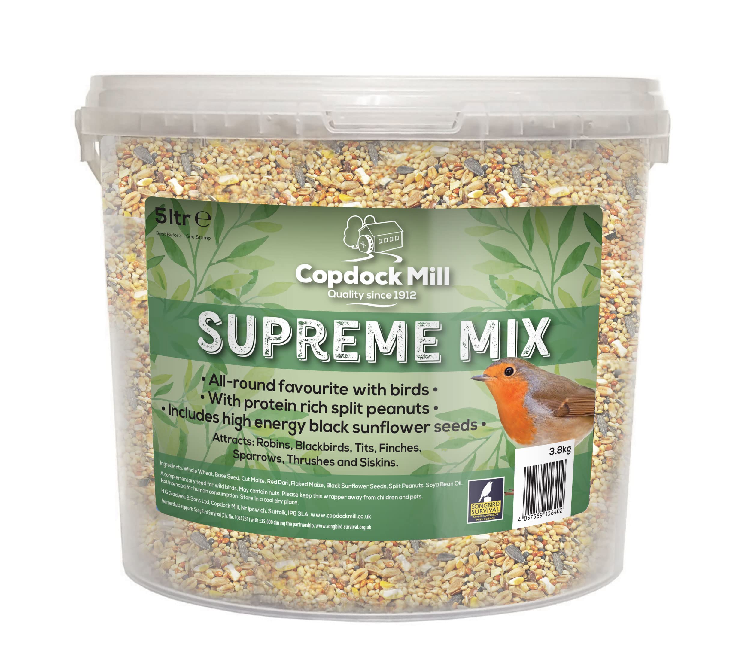Copdock Mill Wild Bird Seed Supreme Mix 5L Tub – All Year-Round Bird Food – 100% Natural Ingredients Including Peanuts for Wild Birds – Suitable for All Wild Bird Species