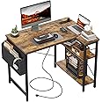 TIQLAB Small Computer Desk with Power Outlets, 40 Inch L Shaped Desk with Reversible Shelves, Gaming Desk Corner Desk Study Writing Desk for Home Office Bedroom Small Space, Rustic Brown