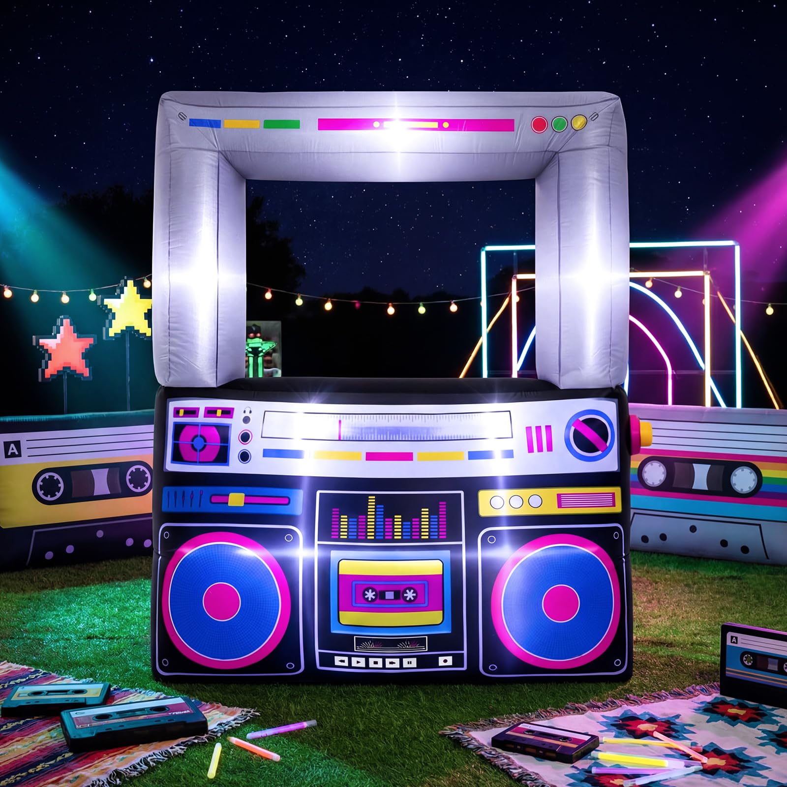 Photo 1 of *UNTESTED*
Soulchen 6 x 5 ft Inflatable Radio Boombox Decor with Built in LEDs Lighted and Air Blower, 80's 90's Party Decoration Blow up Giant Radio Boombox for Hip Hop Birthday Disco Retro Photo Props(Black)