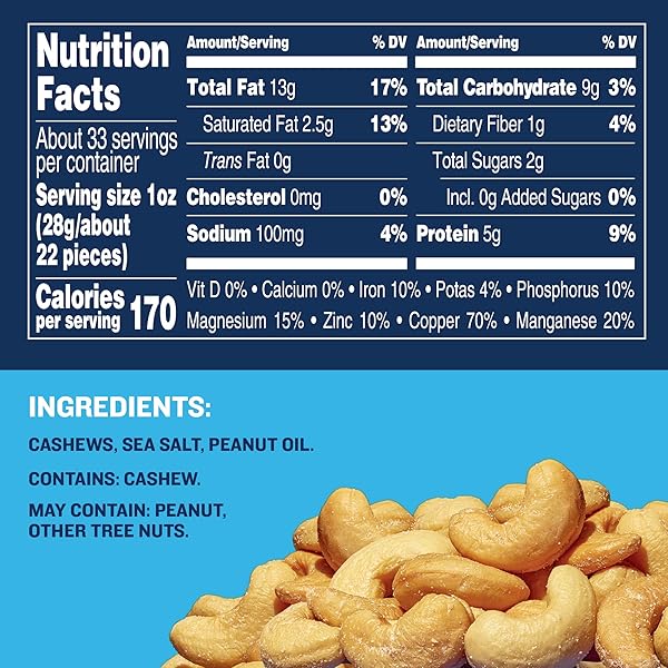 PLANTERS DELUXE SALTED WHOLE CASHEWS, PARTY SNACKS, PLANT-BASED PROTEIN 33OZ (1 CONTAINER)