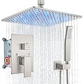 Aolemi Ceiling Mount Shower Faucet Set with Handheld Spray High Pressure Shower Faucets Sets Complete Rough-in Valve and Shower Trim Kit System Included Rainfall Brushed Nickel 12 Inch LED Shower Head