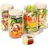 Glass Salad Jars with Lids, Salads Mason Jars with Dressing Cup, Portable Salad Pod Jar, Leakproof Salads Jar Container for Lunch, Meal Prep Containers, Keep Food Fresh & Crisp, BPA Free, 32oz 4Pack