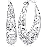 Milacolato 925 Sterling Silver Hoop Earrings for Women 18K White Gold Plated Textured Filigree Oval Hoop Earrings Lightweight & Hypoallergenic Vintage Hoop Earrings