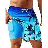 APTRO Mens Swim Trunks with Compression Liner 5 inch Inseam Quick Dry 2 in 1 Swimming Board Shorts Beach with Zipper Pockets