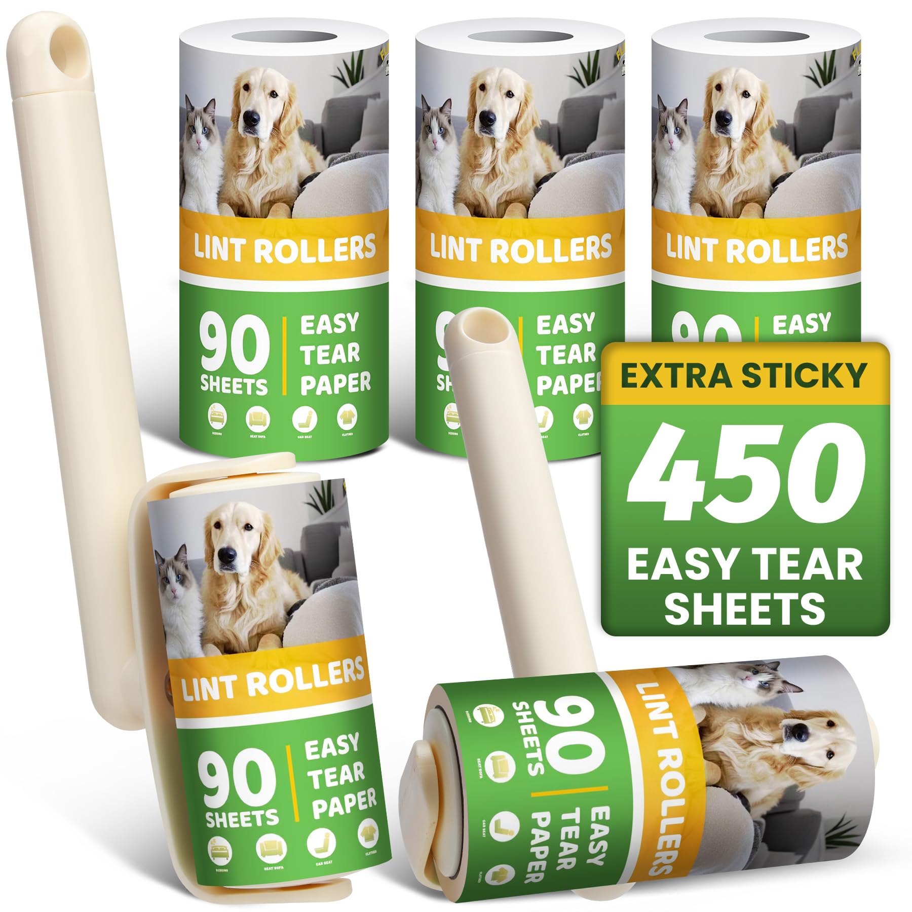 FLRJEB Lint Roller 2-in-1 Rotatable Handle Pet Hair Remover for Laundry Dog Hair, Cat Hair, Animal Fur, Fuzz Extra Sticky Roller for Couch, Clothes, Furniture and Carpet (5 Pack)