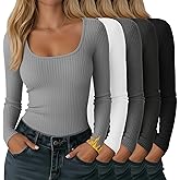 JoyMotion 5 Pack Women's Thermal Shirts Ribbed Fleece Lined Long Sleeve Tops Crewneck Fitted Cotton Winter Undershirts